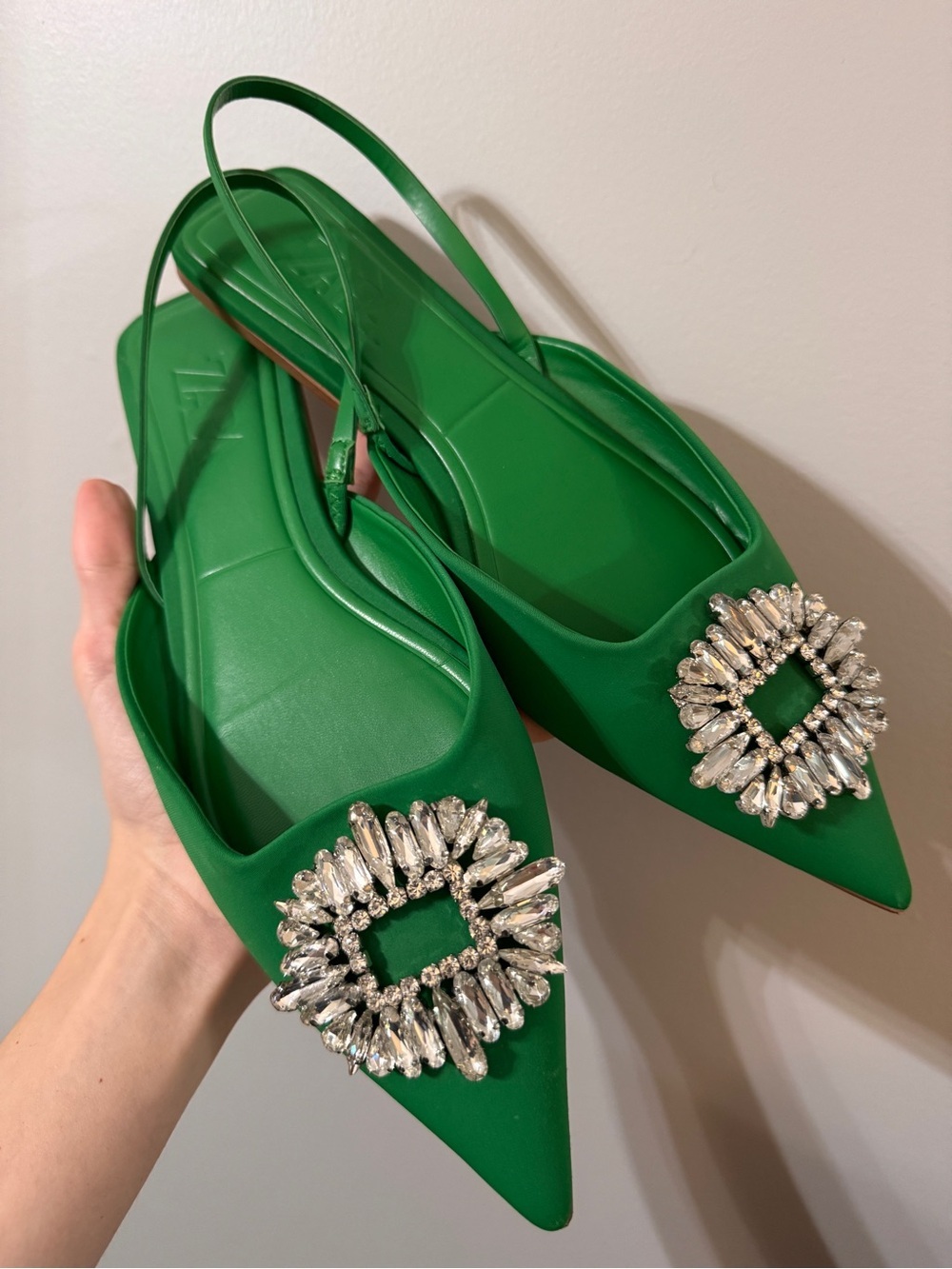 Zara Kelly Green Satin Slingback Flats Sparkle Crystal Gem 40 Pointed Toe